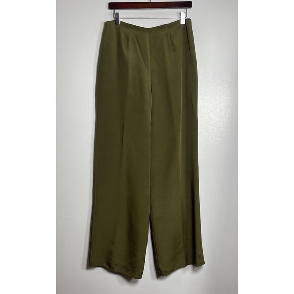 FLORES & FLORES Wide Leg Dress Pants Green Size 10 NEW 100% Silk Designer Career - Picture 1 of 7
